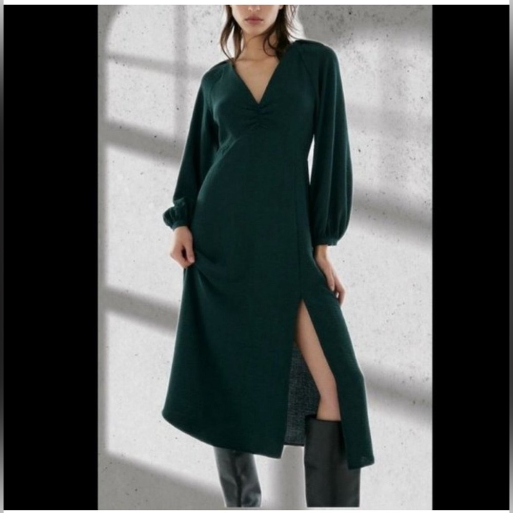 Zara green midi Vneck puff sleeve dress whimsigoth dark feminine romantic dainty - Picture 4 of 9